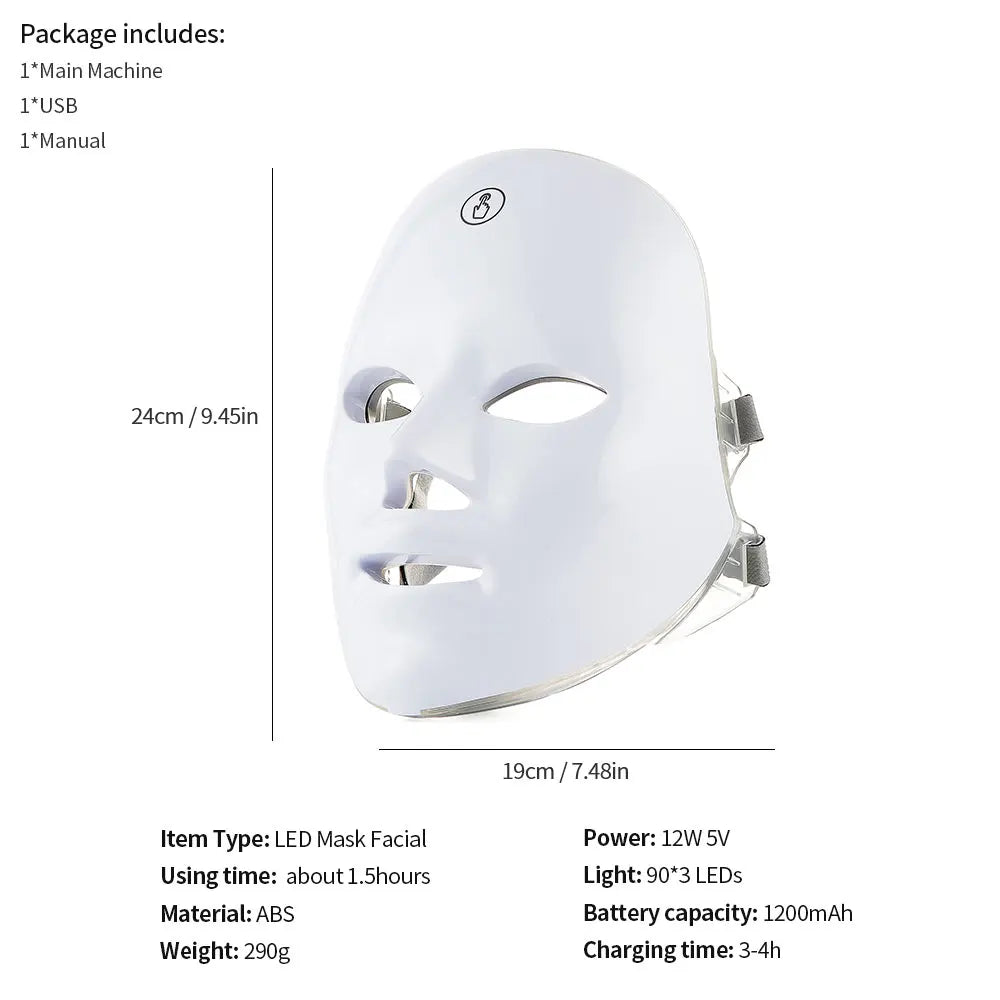 7-Colours LED Light Therapy Face Mask Pro Edition — ABS material, 90×3 LEDs, 1200mAh battery, 12W 5V, 290g, 24×19cm, 3-4h charge, 1.5hrs usage