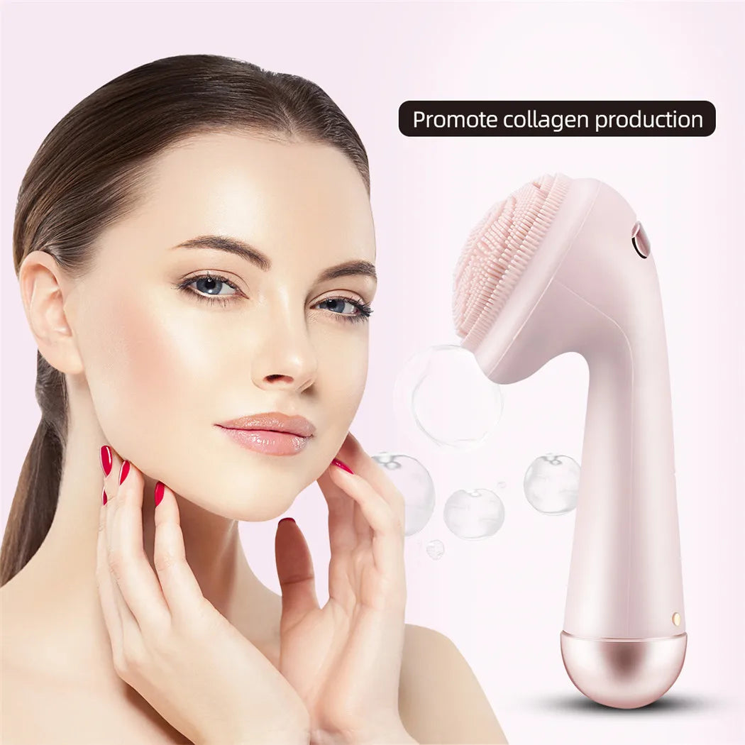 Woman using pink silicone facial cleansing brush to promote collagen production and skin rejuvenation
