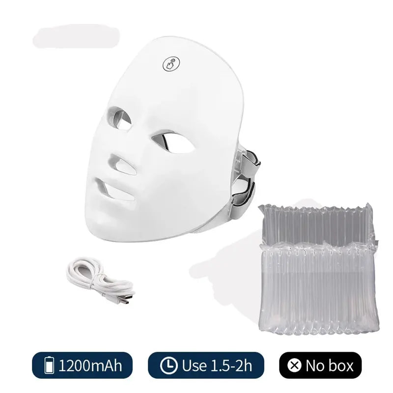 7-Colours LED Light Therapy Face Mask Pro Edition — 1200mAh battery, 1.5-2 hours usage, includes USB charging cable, no box packaging