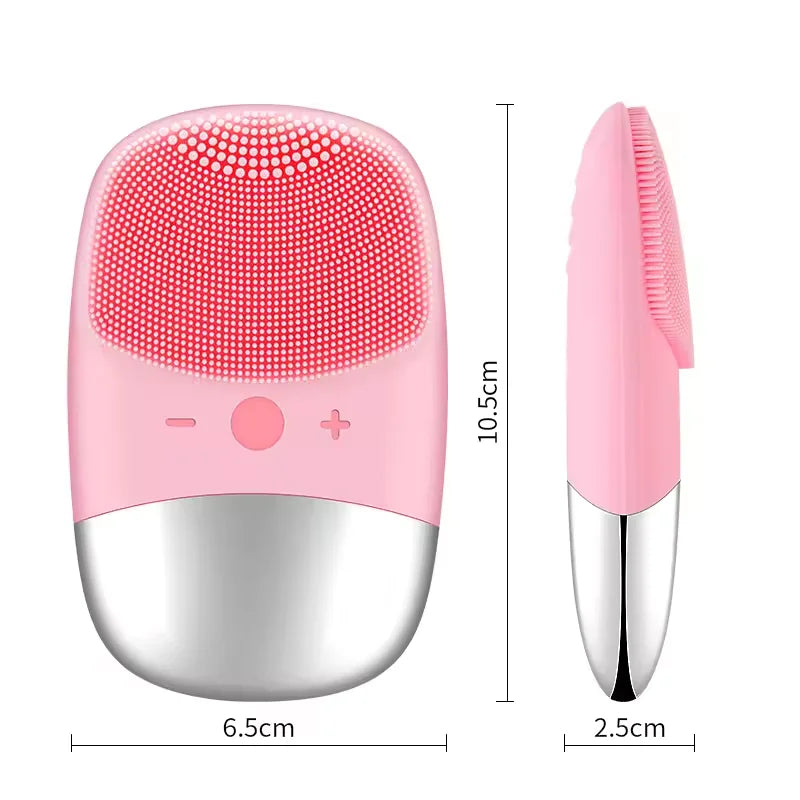 Electric Facial Cleansing Brush dimensions – 10.5cm height, 6.5cm width, 2.5cm depth – front and side view

