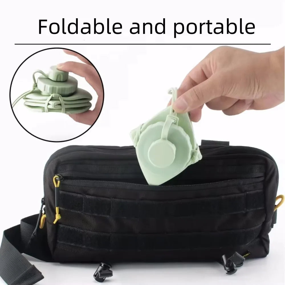 Foldable Silicone Water Bottle folded and placed into a crossbody bag – compact and portable for travel and everyday carry 
