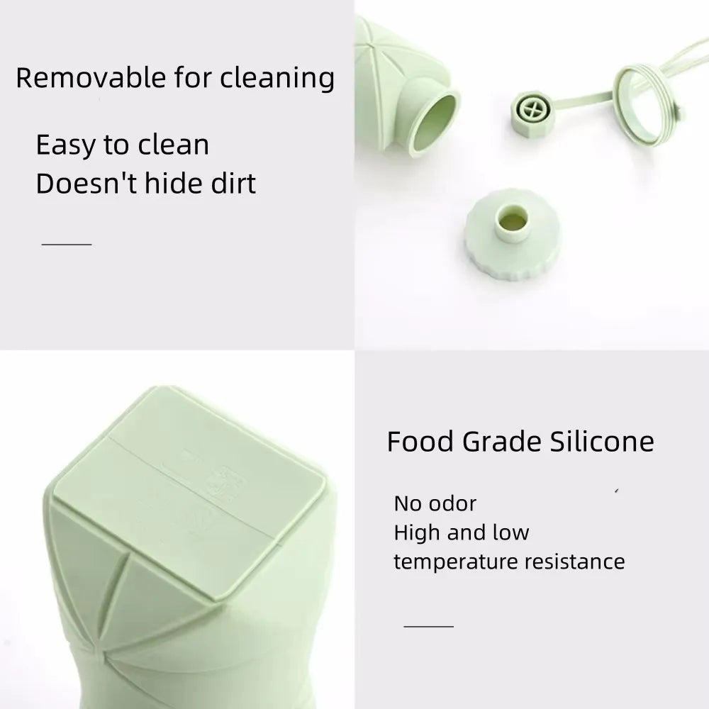 Foldable silicone water bottle with removable lid for easy cleaning – food-grade silicone, no odour, high and low temperature resistant