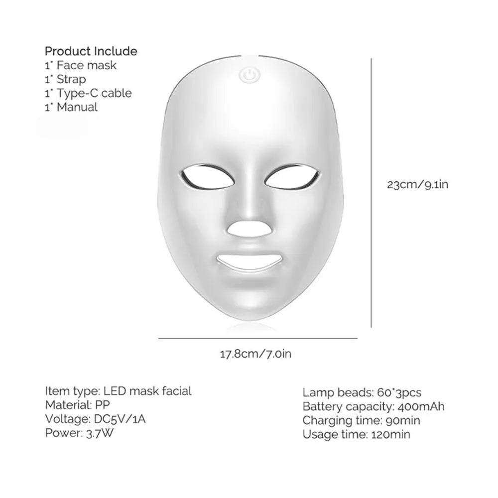 7-Colours LED Light Therapy Face Mask specifications — PP material, DC5V/1A, 3.7W, 400mAh battery, 90min charge, 120min usage, 23×17.8cm