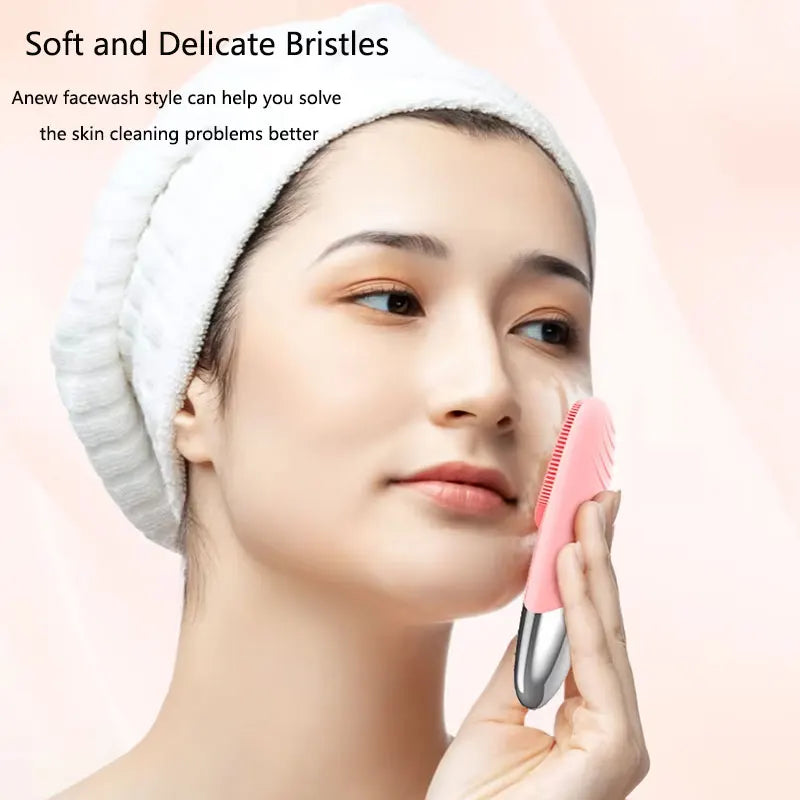 Electric Facial Cleansing Brush soft and delicate silicone bristles – woman using pink brush on face