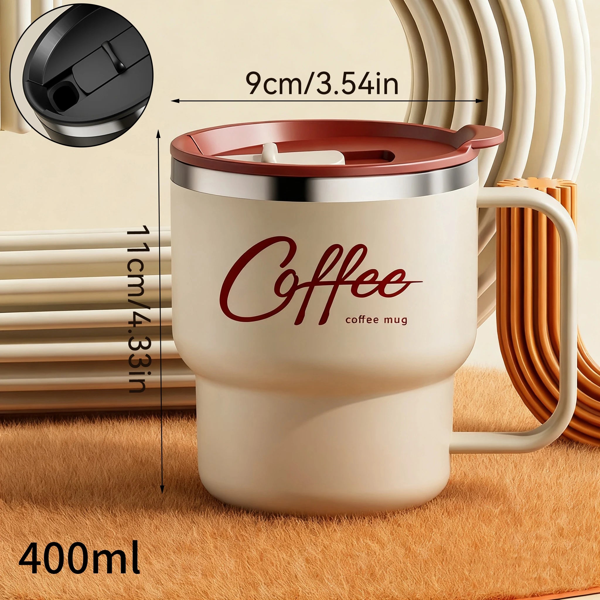 400ml insulated coffee mug in cream with flip lid – dimensions 9cm x 11cm, ergonomic handle