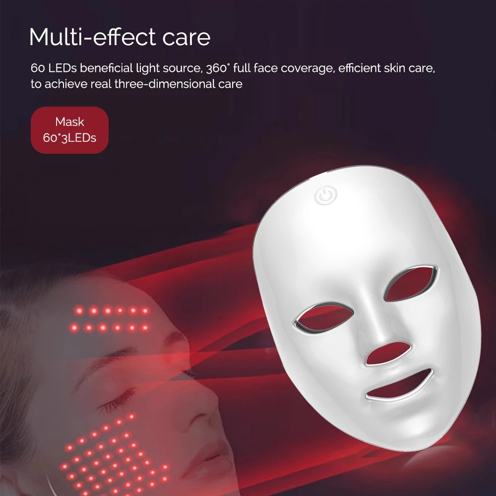 7-Colours LED Light Therapy Face Mask multi-effect care — 60×3 LEDs with 360° full face coverage for efficient three-dimensional skin care