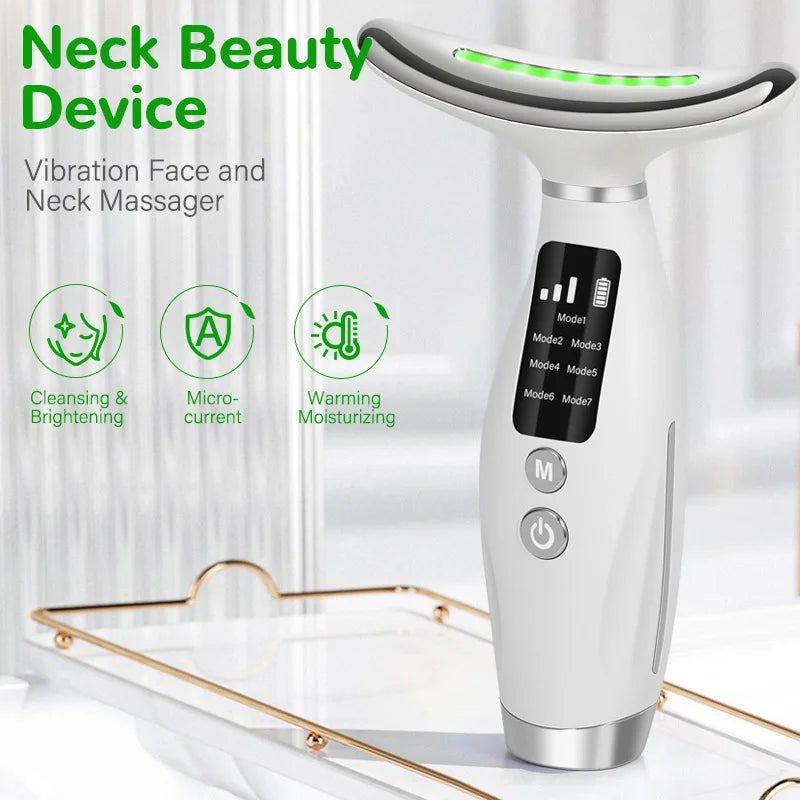 7-Colour LED EMS Neck Beauty Device White with LED display showing Cleansing and Brightening, Microcurrent and Warming Moisturising modes
