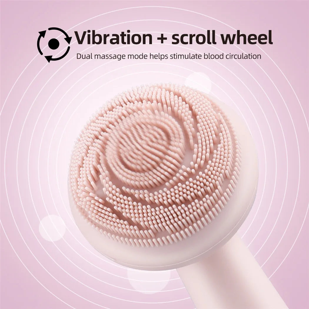 Close-up of silicone facial brush head showing vibration and scroll wheel dual massage mode to stimulate blood circulation