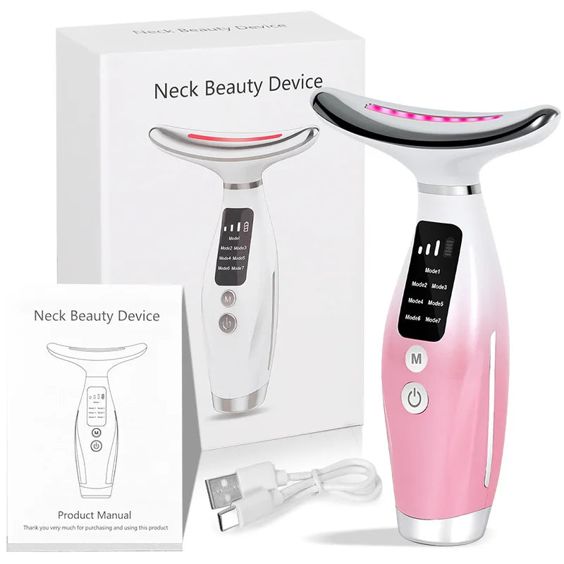 7-Colours LED EMS Neck and Face Massager Pink with packaging, USB charging cable and product manual on white background