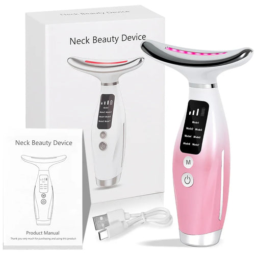 7-Colours LED EMS Neck and Face Massager Pink with packaging, USB charging cable and product manual on white background