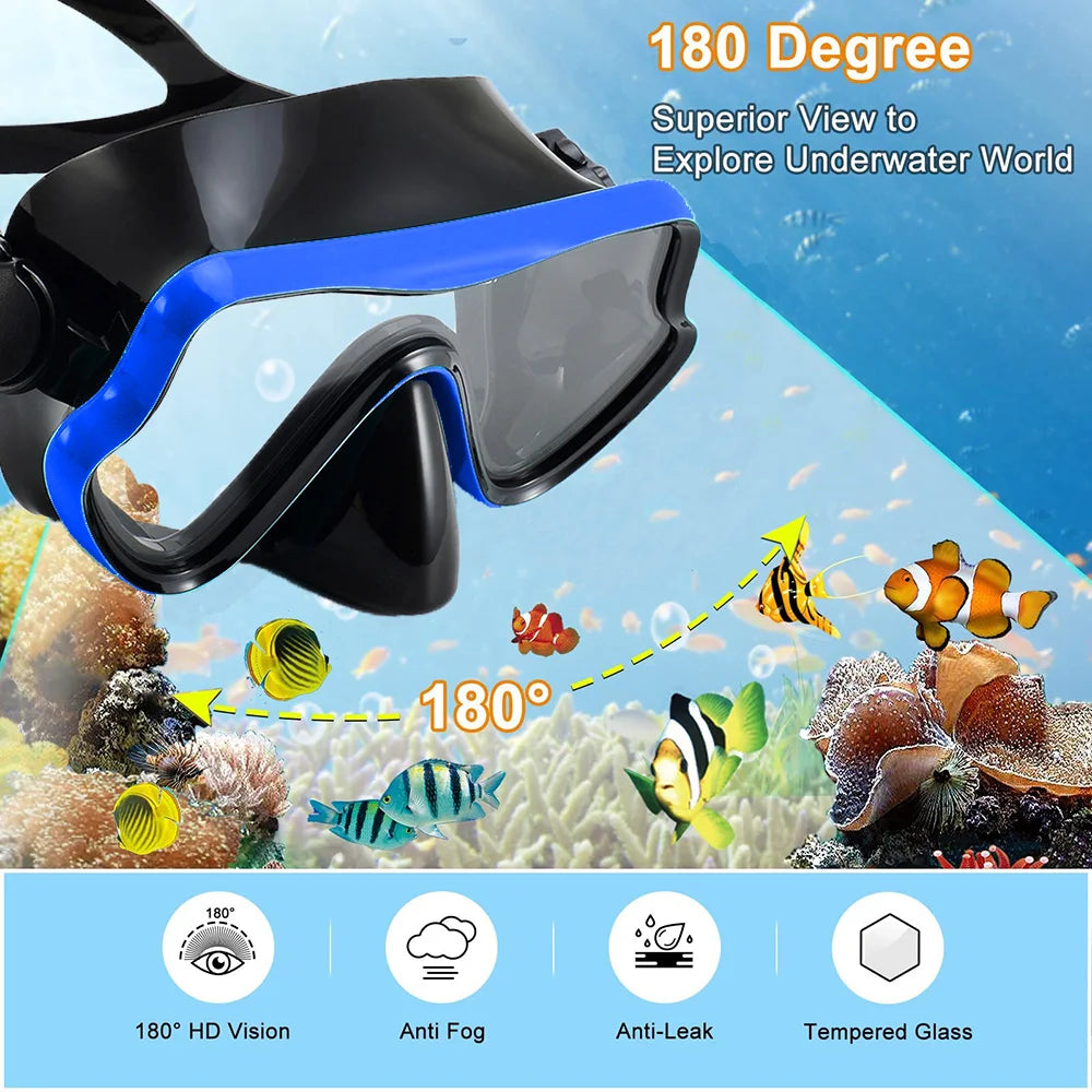 Black and blue snorkel mask with 180 degree panoramic view, anti-fog, anti-leak and tempered glass lens