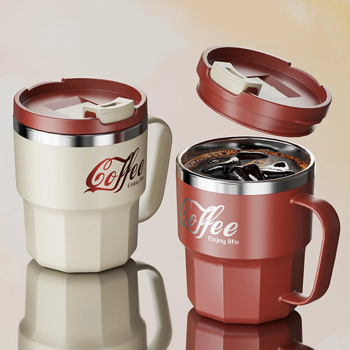 Insulated coffee mugs with handle in cream and red – flip lid open showing stainless steel interior
