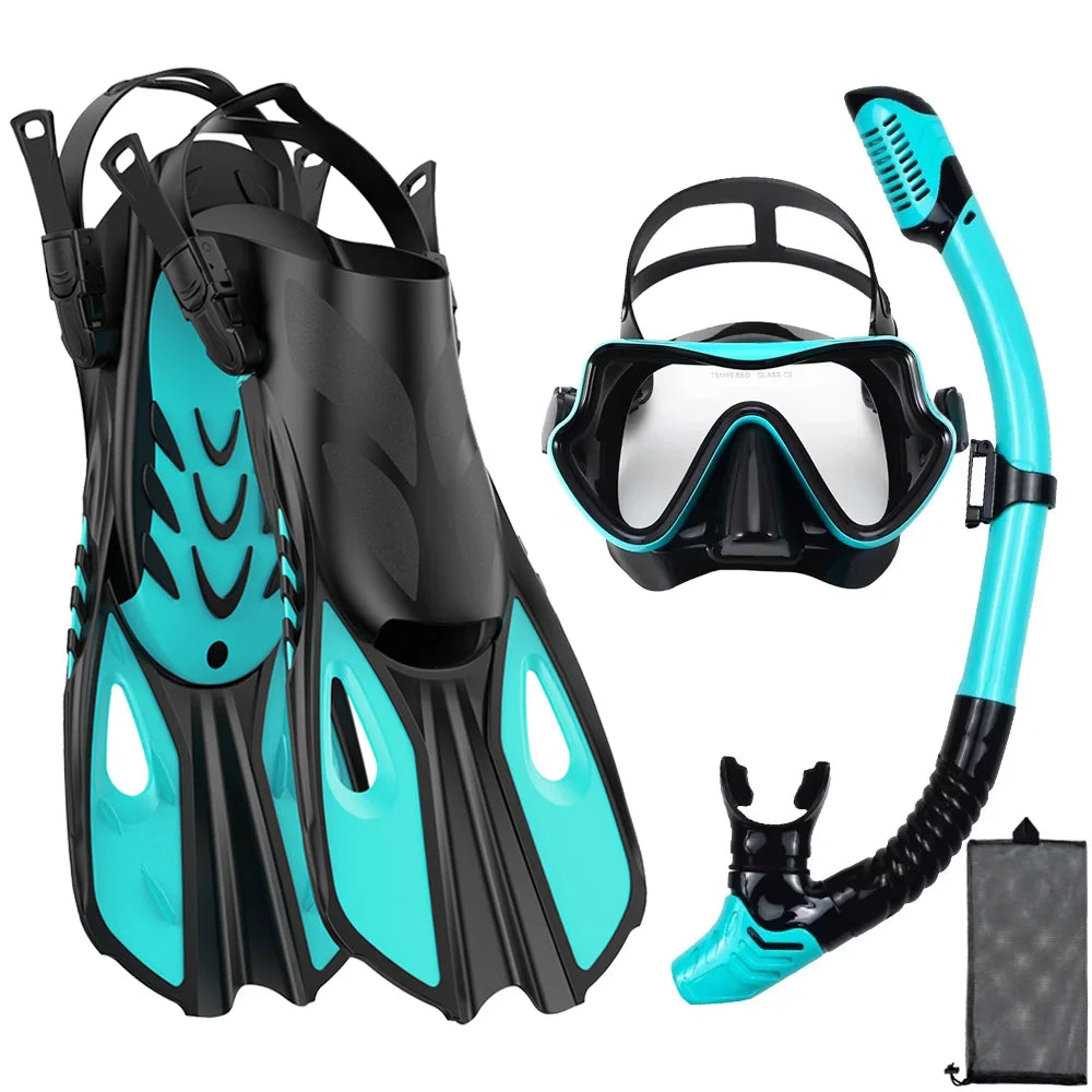 Black and Aqua Blue snorkel set with panoramic mask, dry snorkel tube, adjustable fins and mesh bag