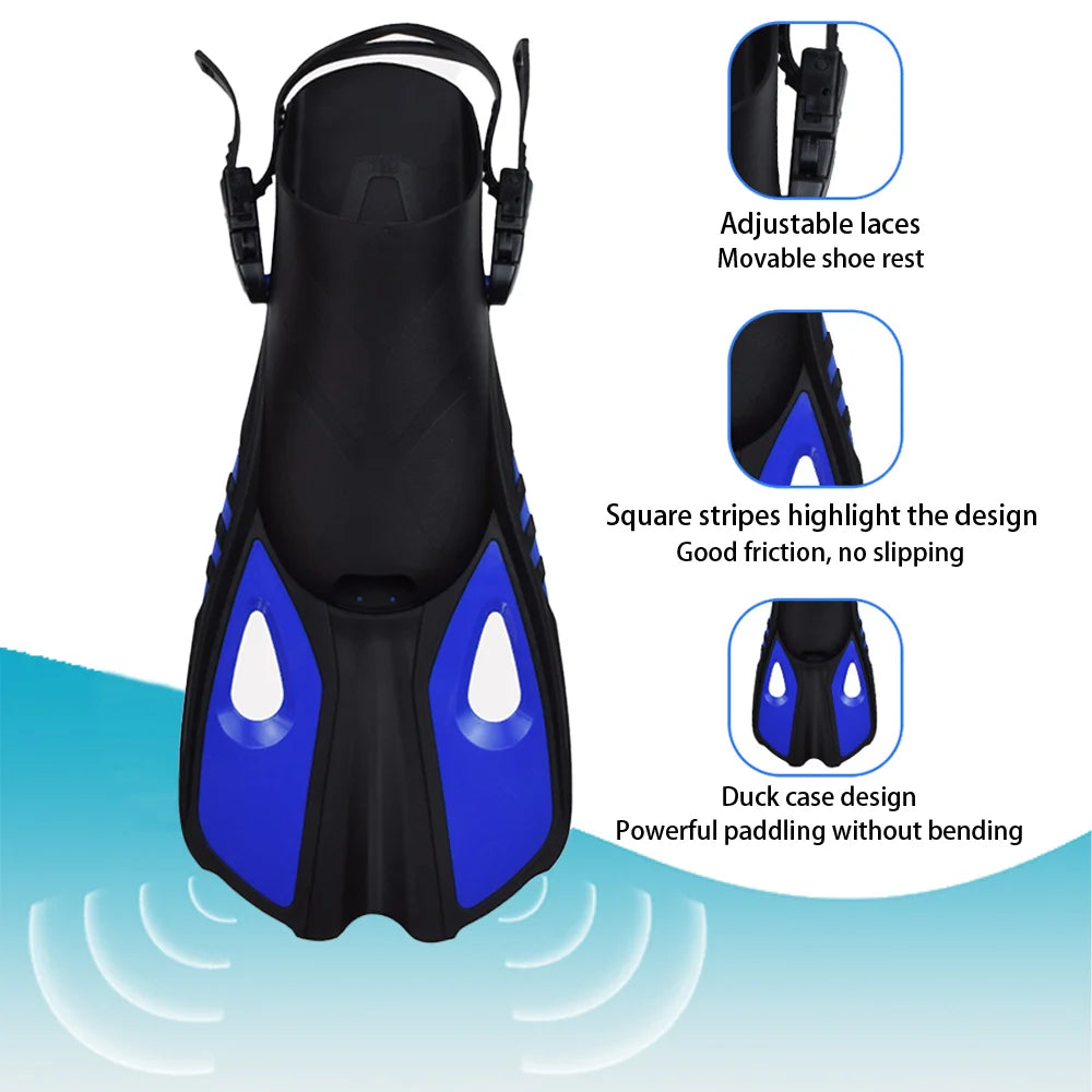 Black and blue snorkel fins with adjustable laces, movable shoe rest, non-slip square stripe design and duck tail blade for powerful paddling