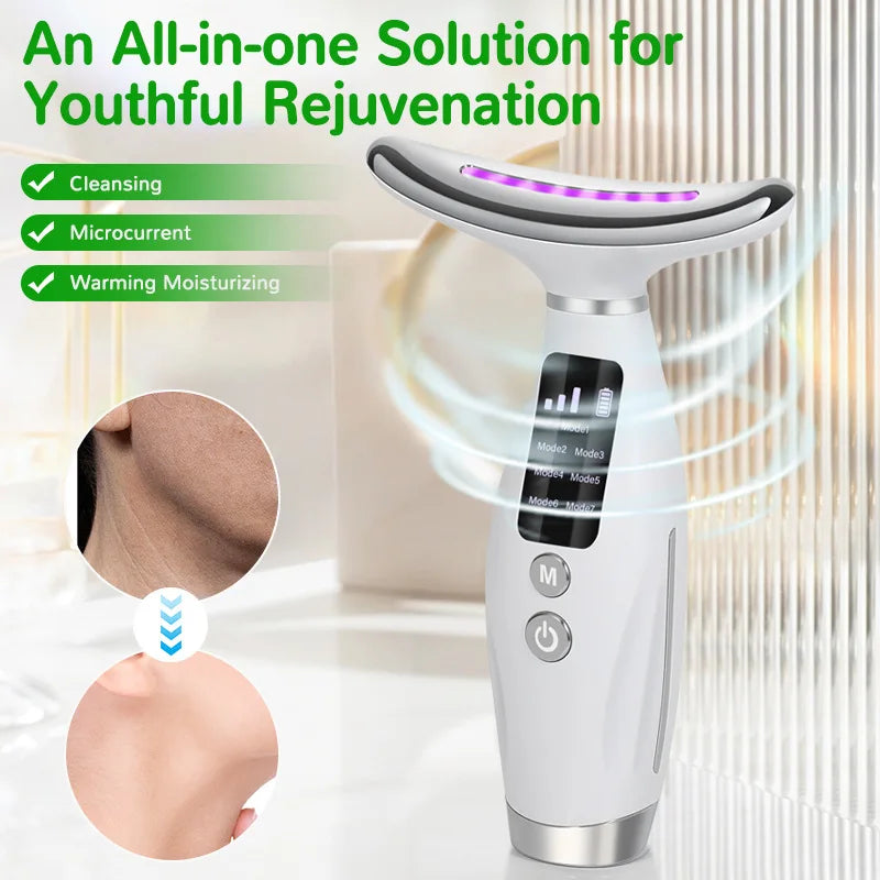 7-Colour LED EMS Neck and Face Massager White showing Cleansing, Microcurrent and Warming Moisturising modes for youthful rejuvenation