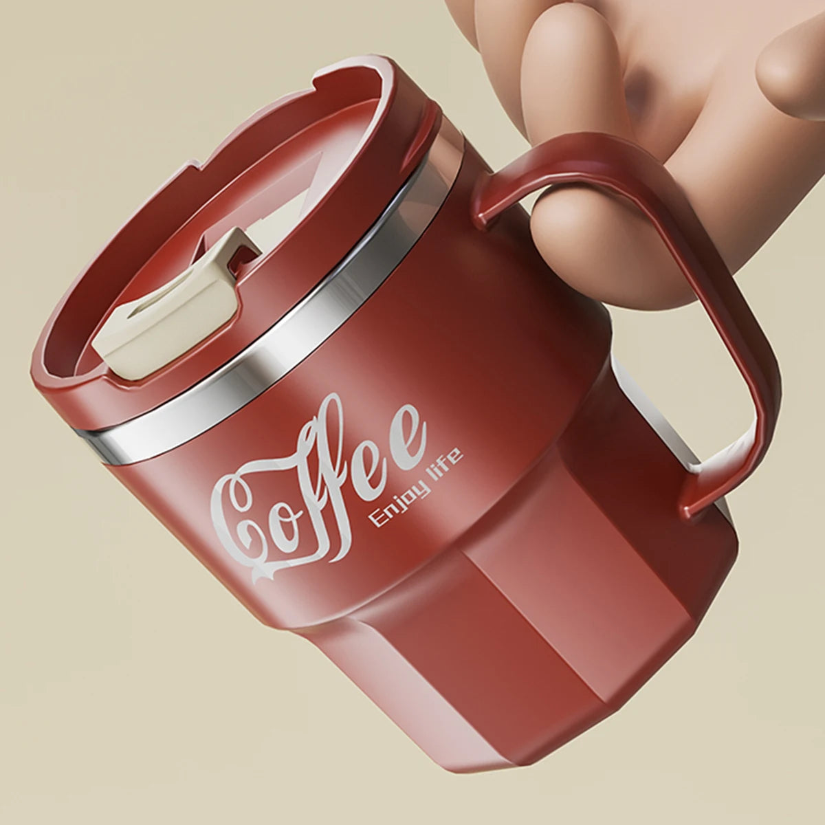 Hand holding insulated coffee mug with ergonomic handle – 400ml stainless steel travel cup with flip lid