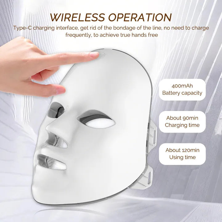 7-Colours LED Light Therapy Face Mask Standard Edition — wireless Type-C charging, 400mAh battery, 90min charge, 120min usage time