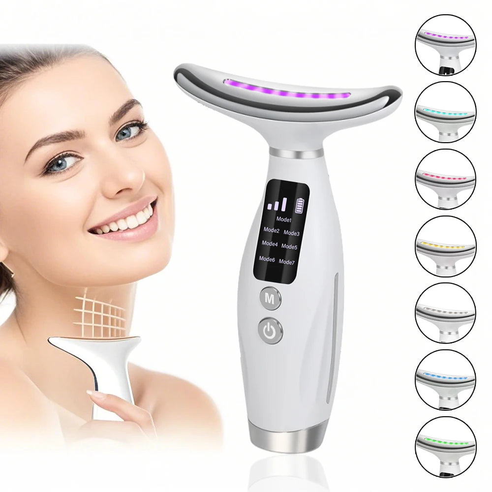 7-Colour LED EMS Neck and Face Massager White showing 7 LED colours and EMS micro-current therapy applied on neck