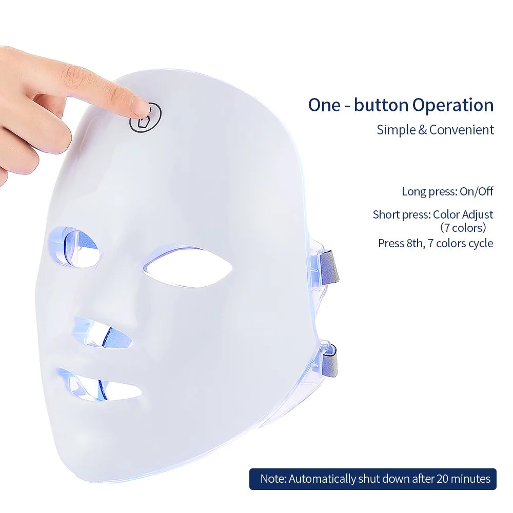 7-Colours LED Light Therapy Face Mask one-button operation — long press on/off, short press colour adjust, 7 colours cycle, auto shut-off after 20 minutes