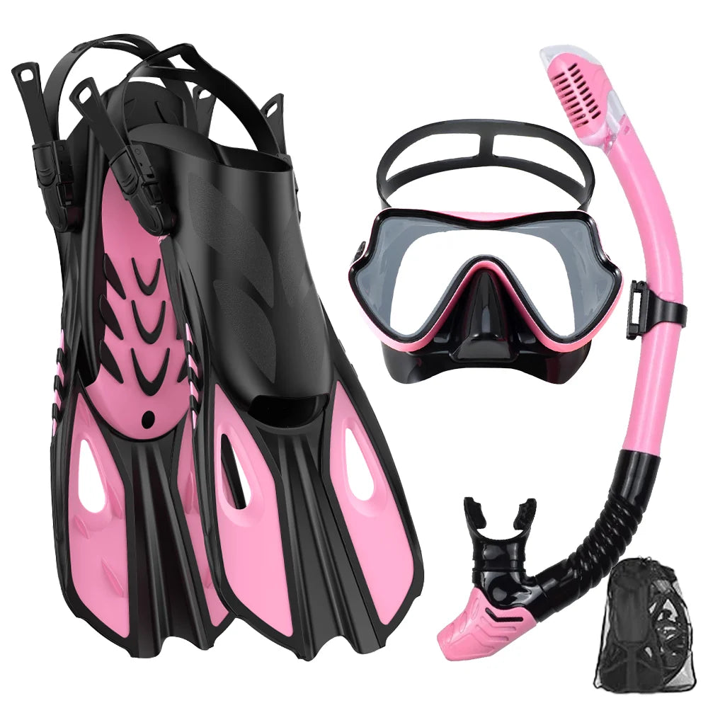 Black and Pink snorkel set with panoramic mask, dry snorkel tube, adjustable fins and mesh bag