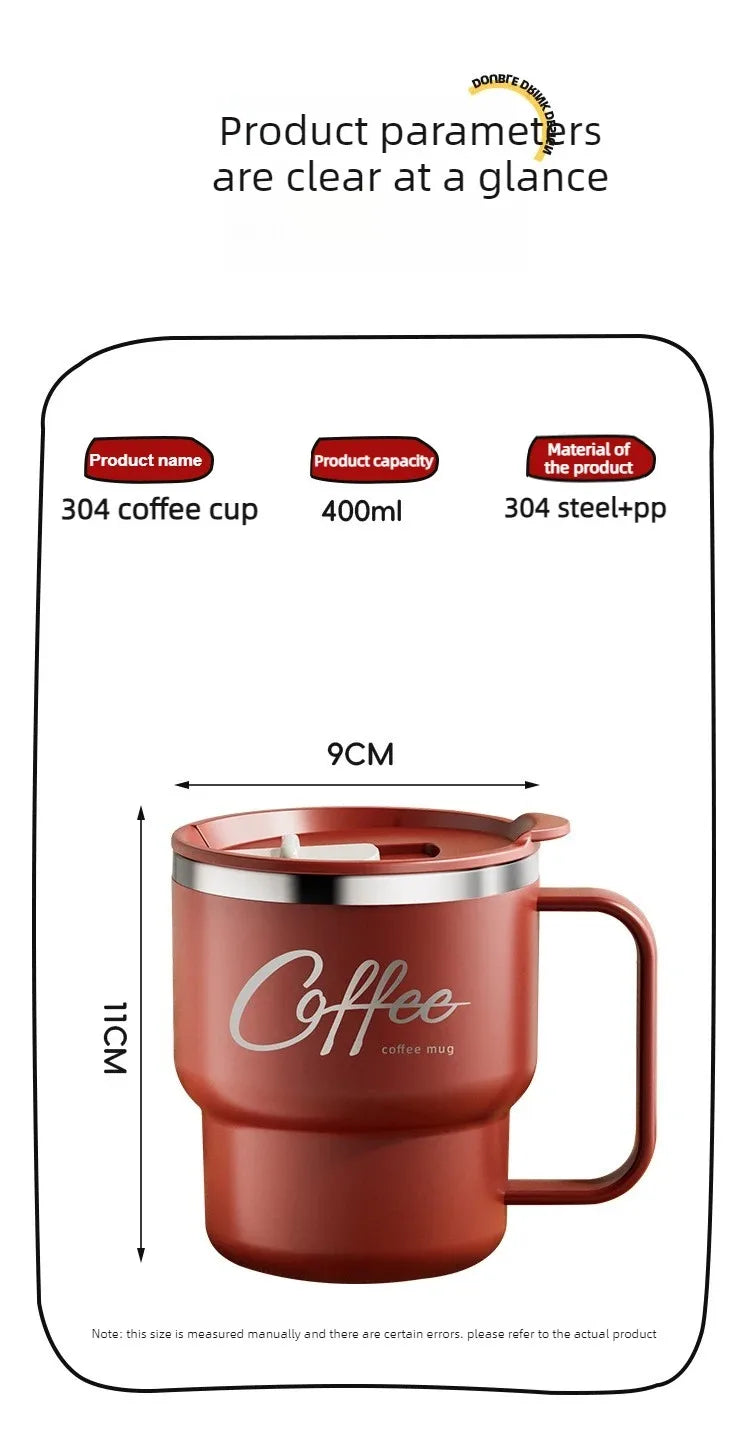 Insulated coffee mug 400ml dimensions – 9cm width, 11cm height, 304 stainless steel and PP material specifications