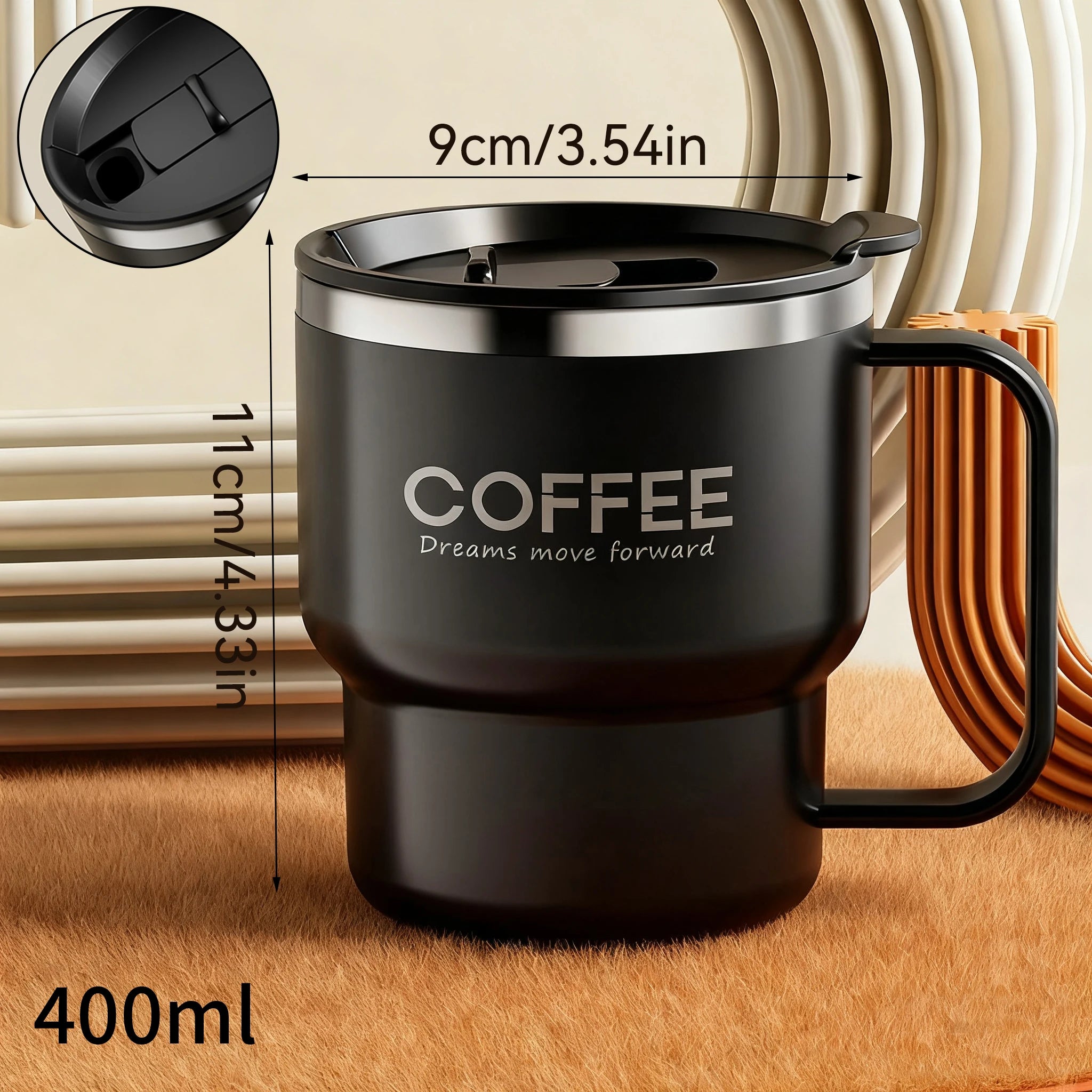 400ml insulated coffee mug in black with ergonomic handle – dimensions 9cm x 11cm, double wall stainless steel