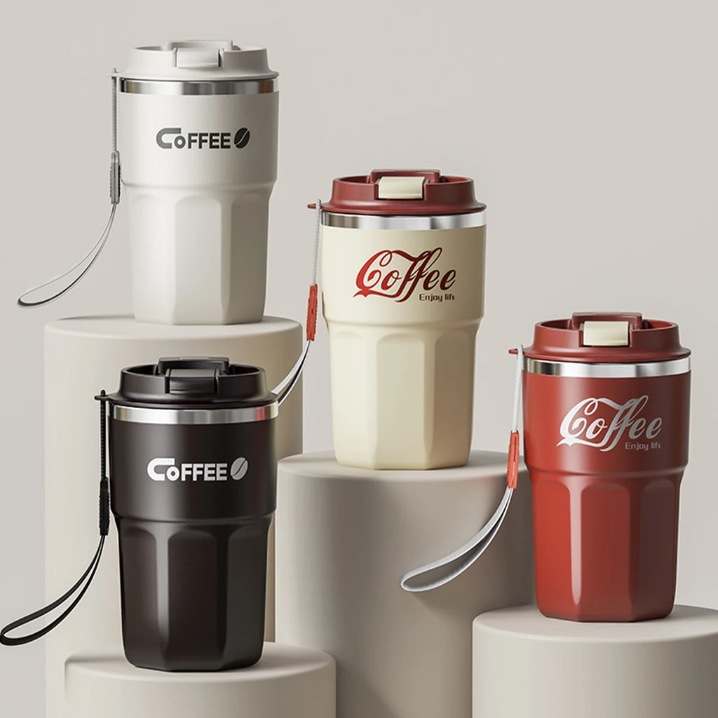 Four insulated coffee mugs with handle in white, cream, red and black – 400ml and 480ml stainless steel travel cups