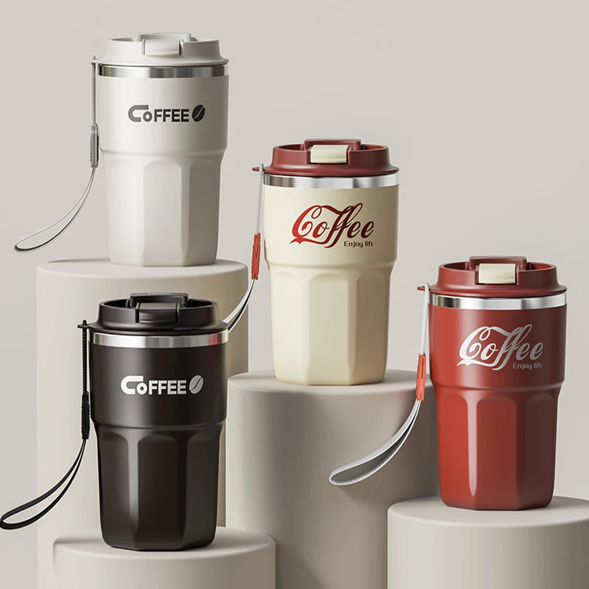 Four insulated coffee mugs with handle in white, cream, red and black – 400ml and 480ml stainless steel travel cups