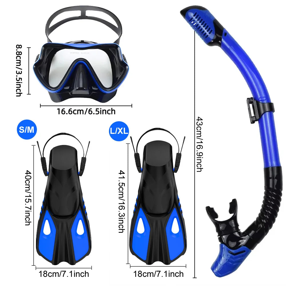 Snorkel set dimensions showing mask width 16.6cm, fins S/M 40cm and L/XL 41.5cm, and snorkel tube height 43cm