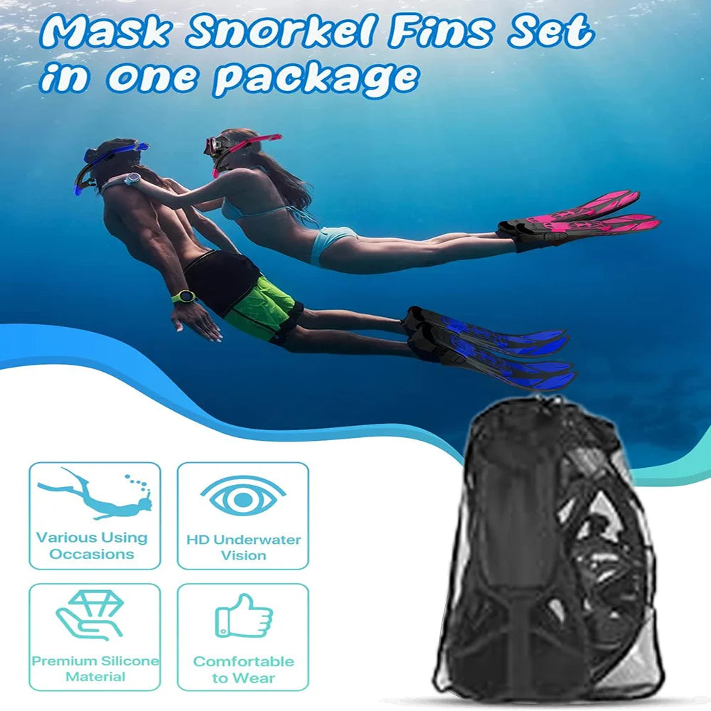 Snorkel set in one package with mesh storage bag, featuring various using occasions, HD underwater vision, premium silicone material and comfortable fit