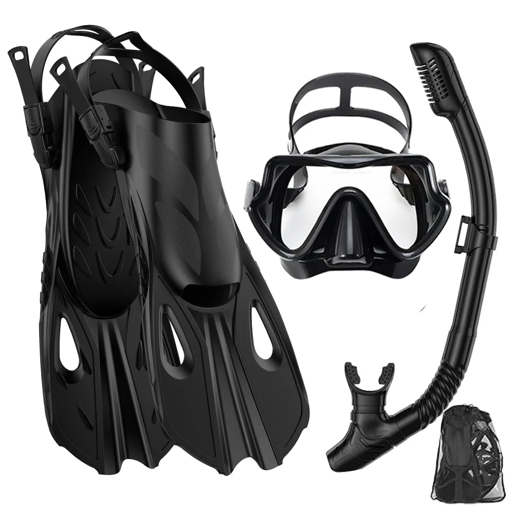 Black snorkel set with panoramic mask, dry snorkel tube, adjustable fins and mesh bag