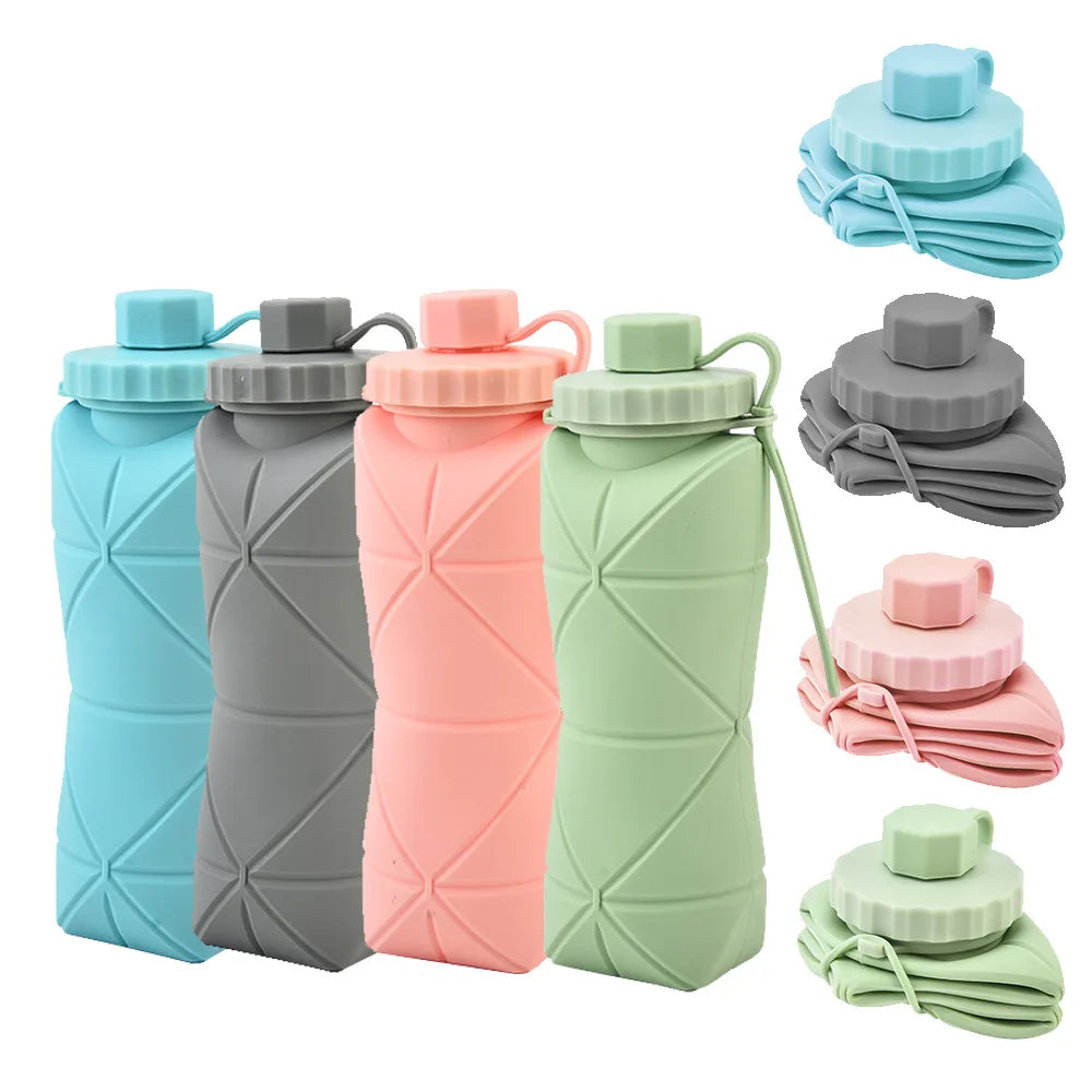 Foldable Silicone Water Bottle 600ml in four colours – Teal, Grey, Pink and Green – shown upright and folded flat