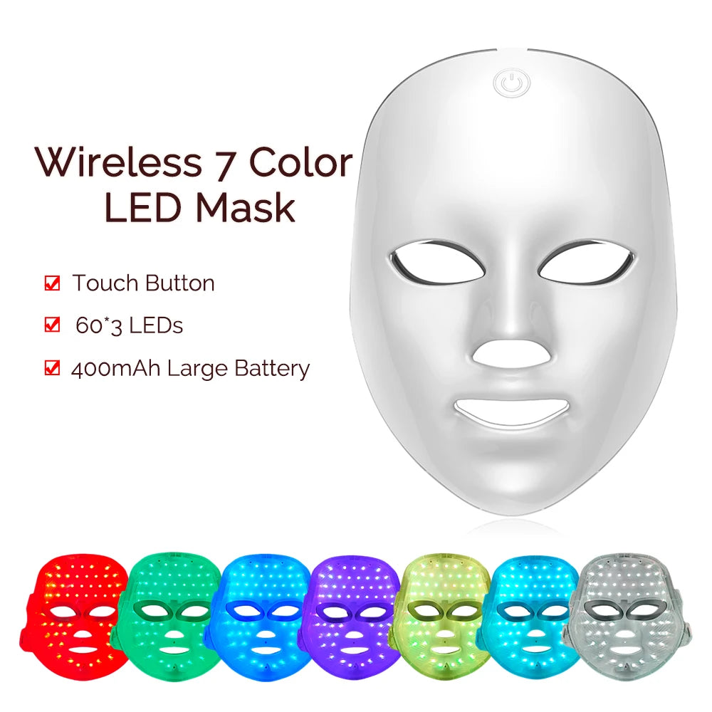 7-Colours LED Light Therapy Face Mask — Wireless rechargeable skin rejuvenation device with 90×3 LEDs