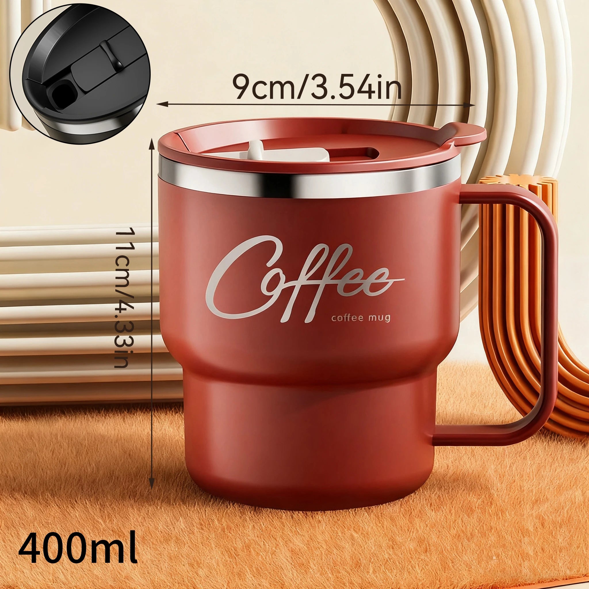 400ml insulated coffee mug with handle showing dimensions 9cm x 11cm – flip lid close-up detail