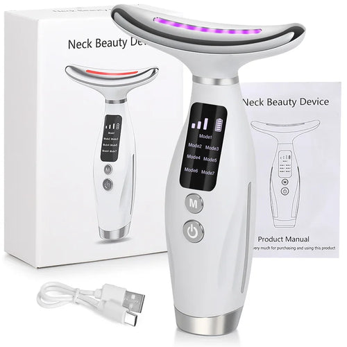 7-Colours LED EMS Neck and Face Massager White with packaging, USB charging cable and product manual on white background