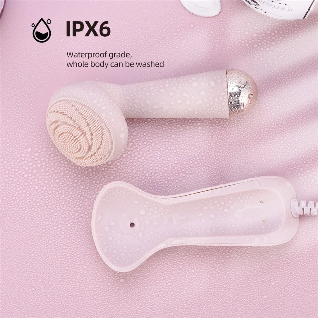 Silicone facial cleansing brush IPX6 waterproof rating — whole body washable, safe for shower use