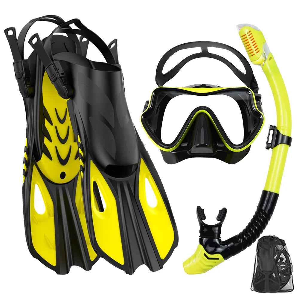 Black and Yellow snorkel set with panoramic mask, dry snorkel tube, adjustable fins and mesh bag