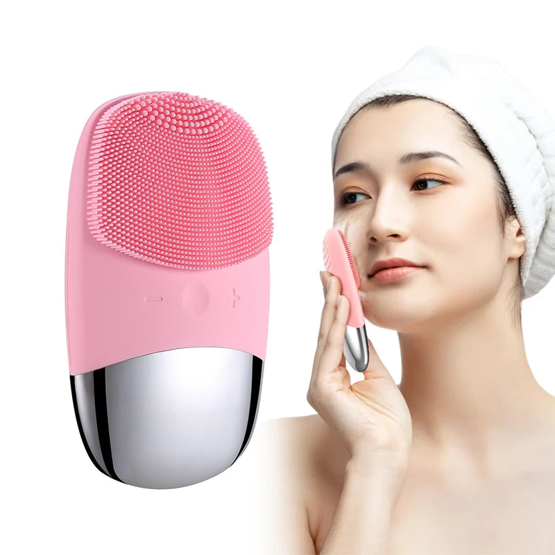 Electric Facial Cleansing Brush pink variant in use – woman applying silicone brush on face