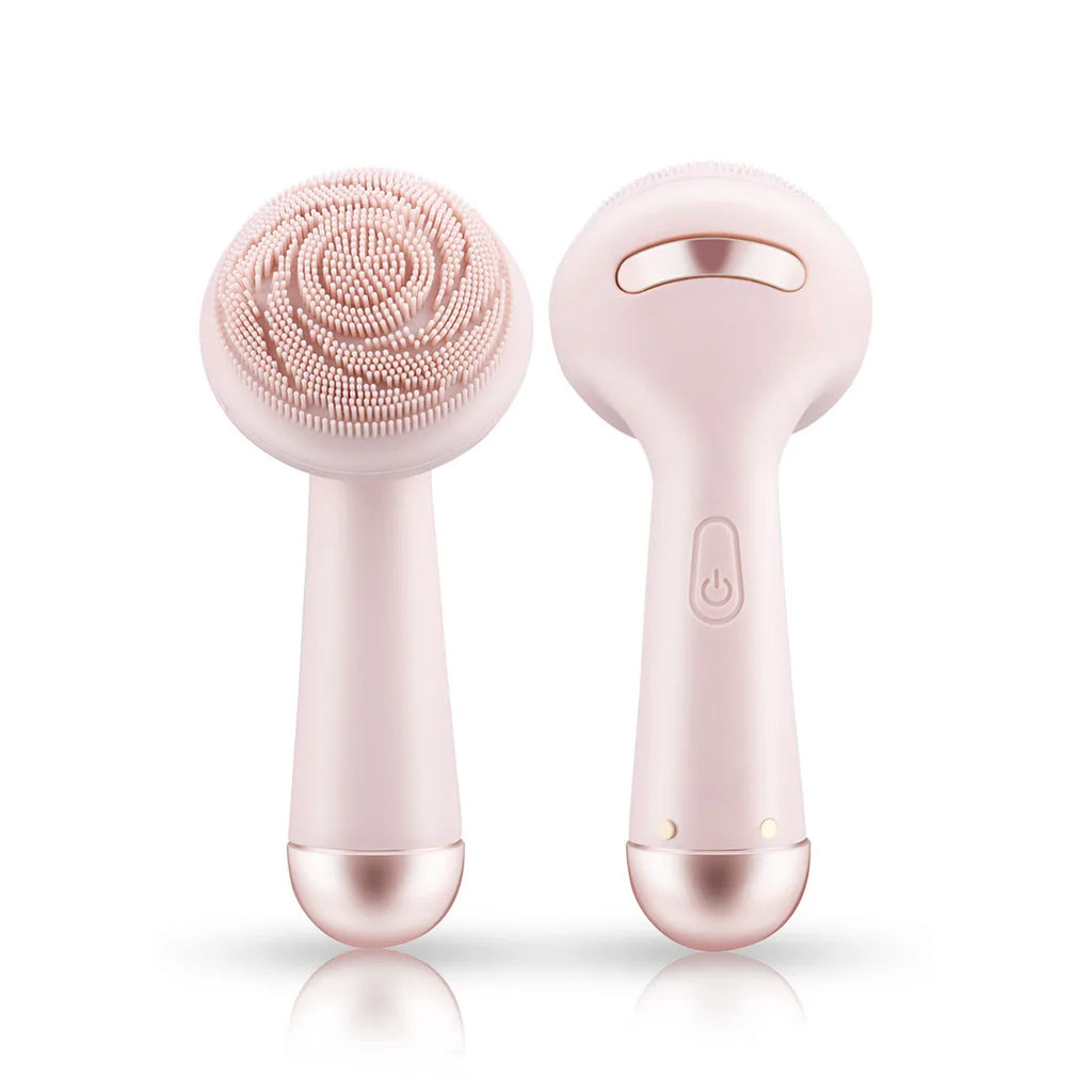 Silicone facial cleansing brush showing bristle head and roller massage end, pink, waterproof rechargeable