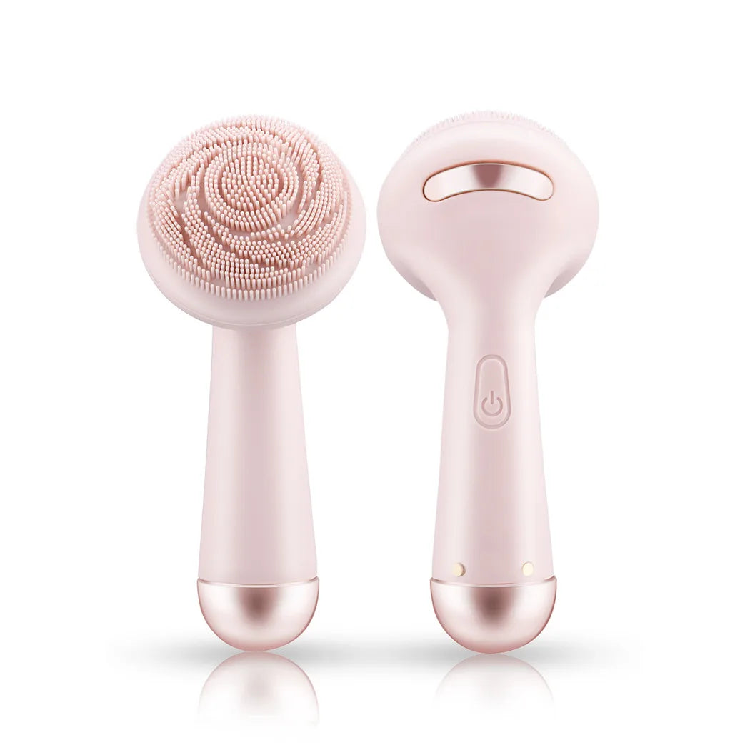 Silicone facial cleansing brush showing bristle head and roller massage end, pink, waterproof rechargeable