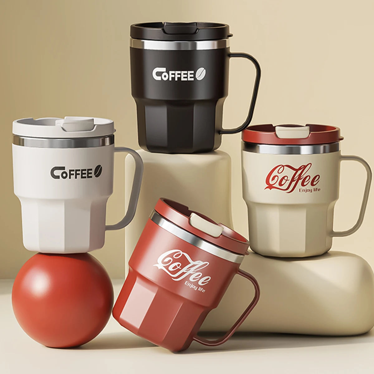 Stainless steel insulated coffee mugs with ergonomic handle and flip lid – available in black, white, cream and red