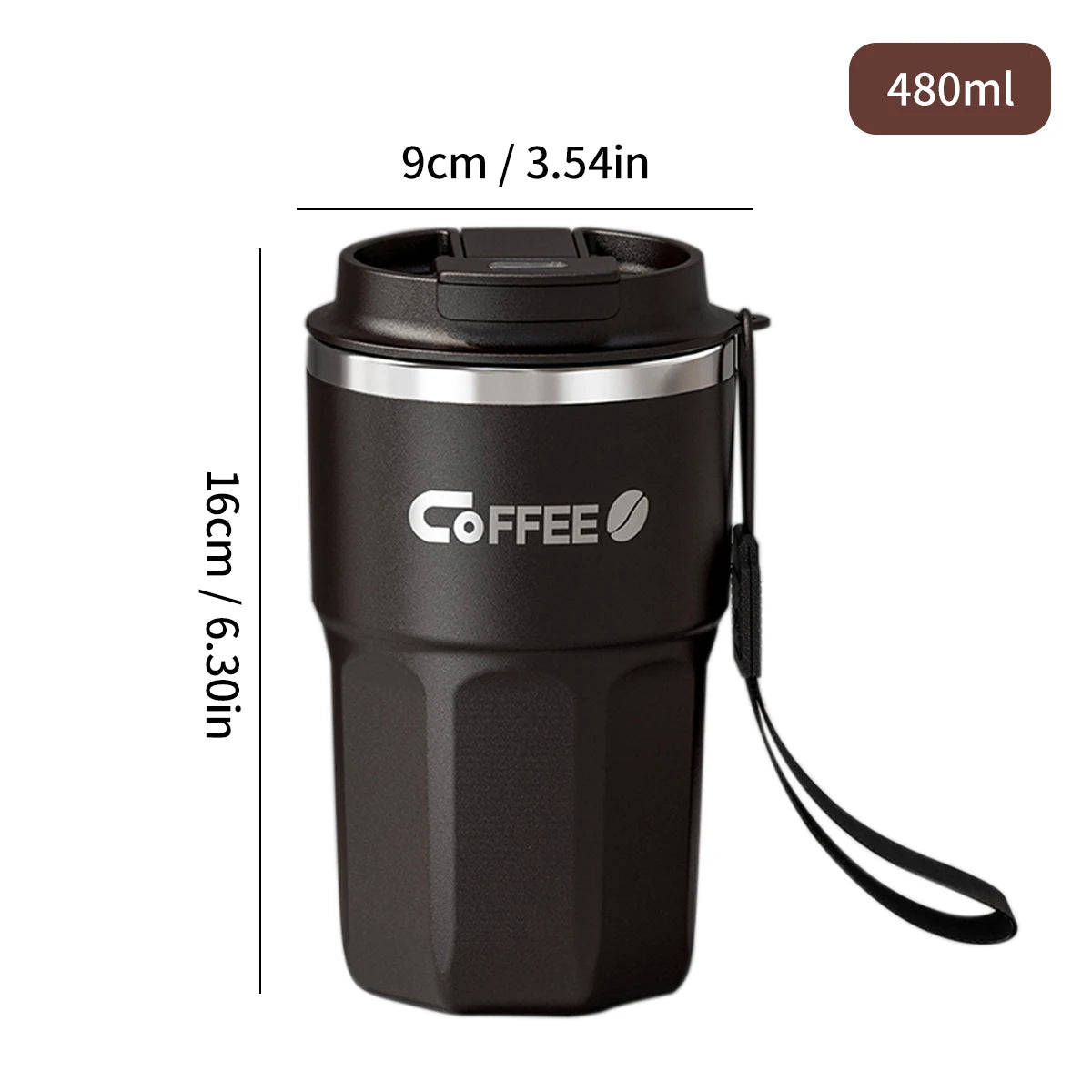 480ml tall insulated travel mug in black with strap loop – dimensions 9cm x 16cm, double wall stainless steel