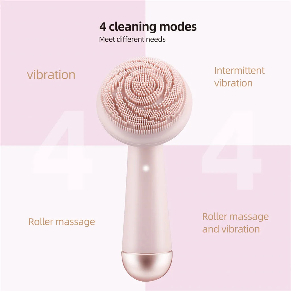 Silicone facial cleansing brush with 4 modes: vibration, intermittent vibration, roller massage, and roller massage with vibration