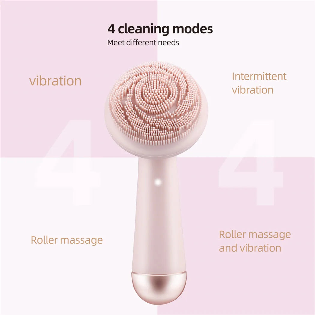 Silicone facial cleansing brush with 4 modes: vibration, intermittent vibration, roller massage, and roller massage with vibration