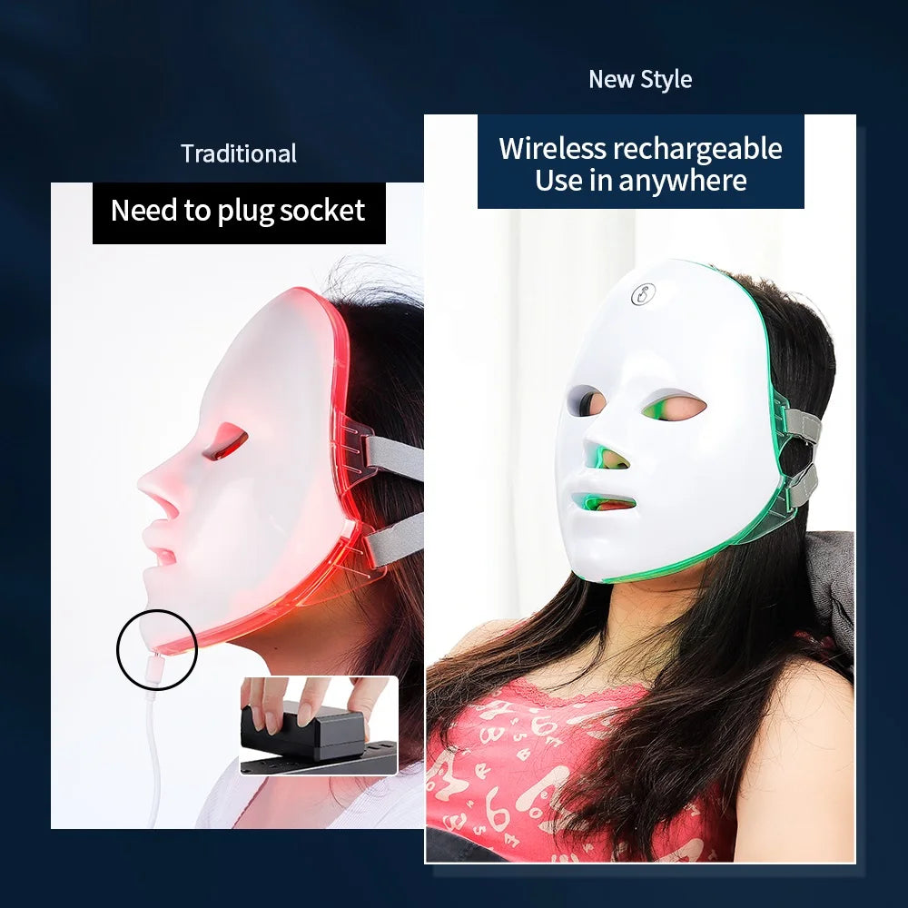 7-Colours LED Light Therapy Face Mask — New wireless rechargeable design vs traditional plug-in mask, use anywhere without cables