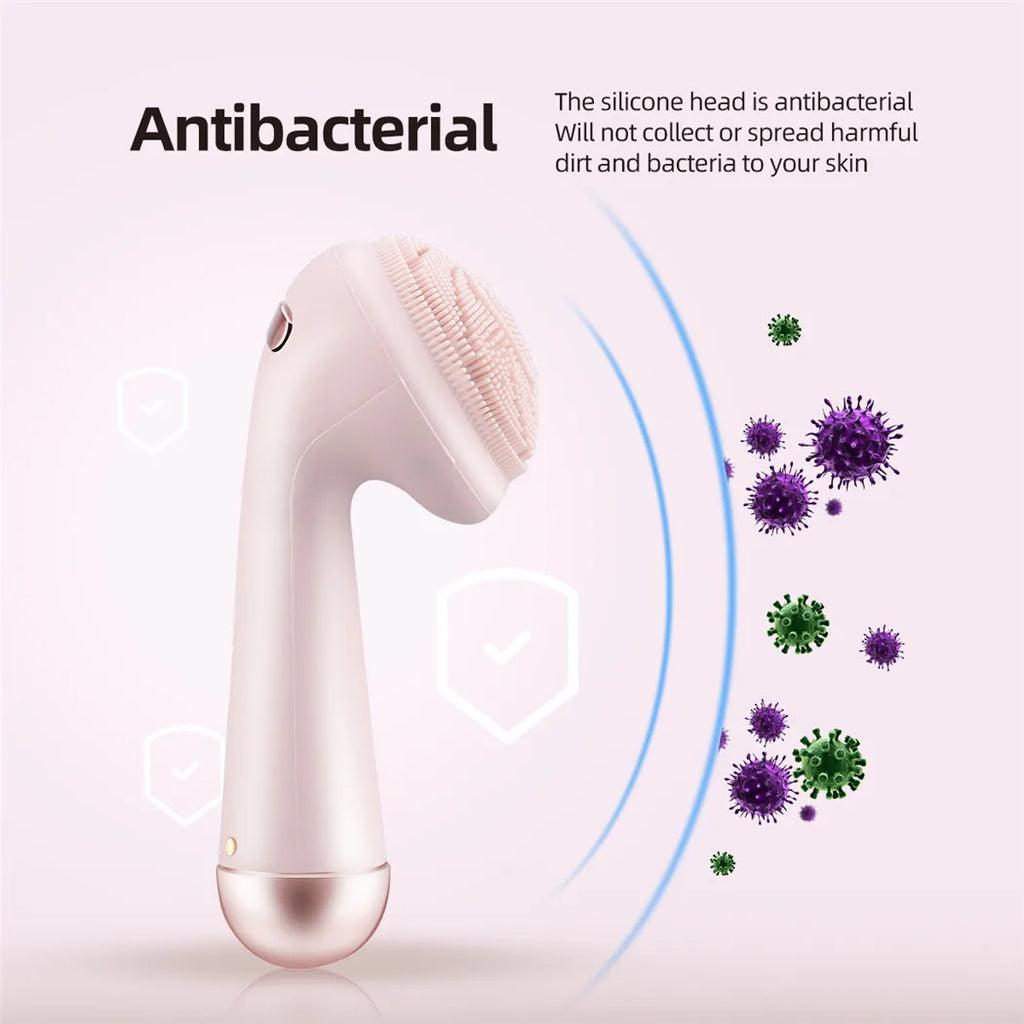 Silicone facial cleansing brush antibacterial feature — silicone head repels harmful dirt and bacteria from skin
