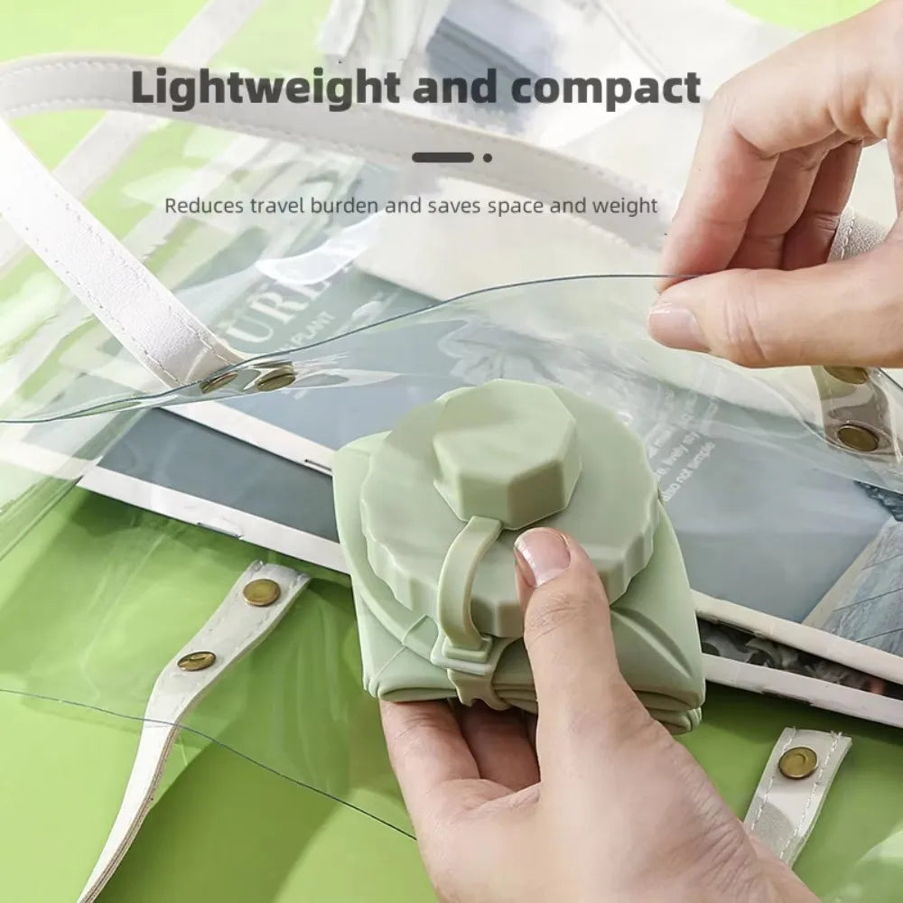 Foldable silicone water bottle being packed into a travel bag – lightweight and compact, reduces travel burden and saves space