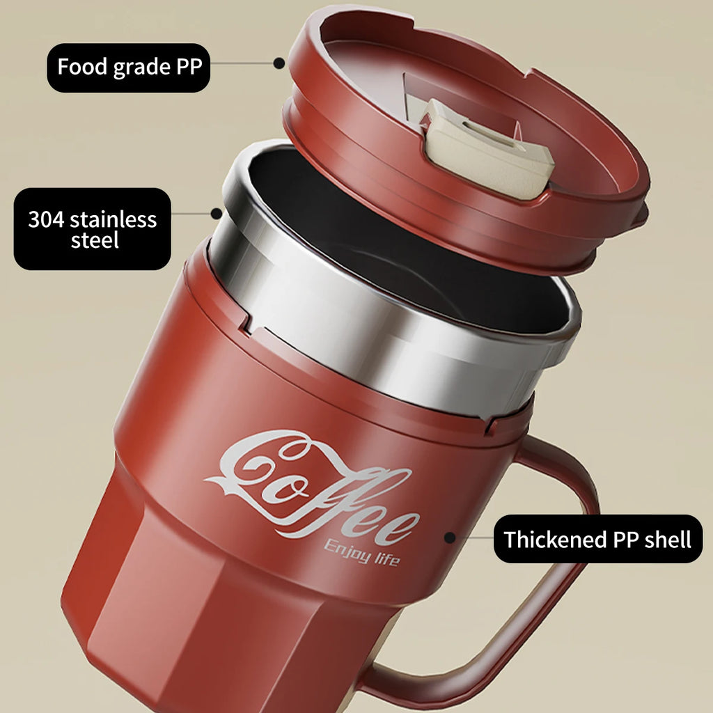 Insulated coffee mug with handle showing food grade PP lid and 304 stainless steel interior – exploded view with material callouts