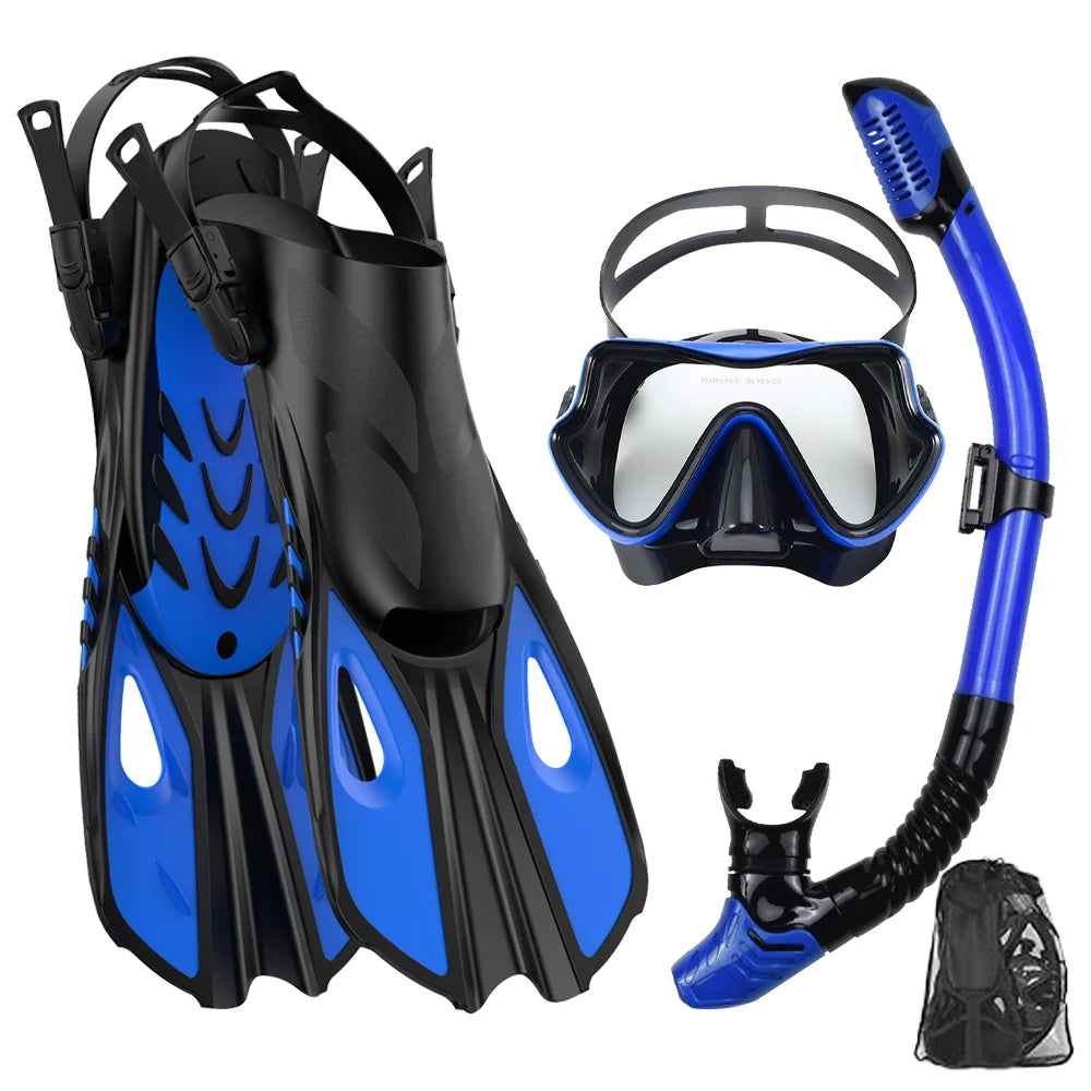 Black and blue snorkel set with panoramic mask, dry snorkel tube, adjustable fins and mesh bag