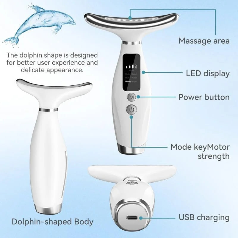 7-Colour LED EMS Neck and Face Massager White dolphin-shaped body diagram showing massage area, LED display, power button, mode key, motor strength and USB charging port